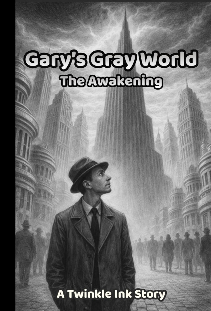 Book cover of Gary’s Gray World: The Awakening, showing a young man in a fedora and suit standing in a towering gray cityscape