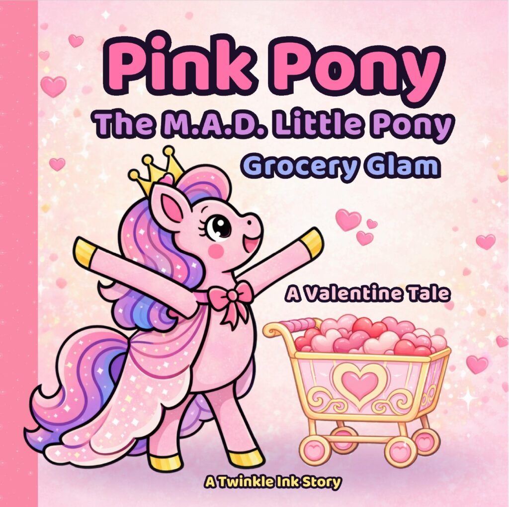 Book cover of Pink Pony: Grocery Glam, showing a pink pony with a crown beside a heart-filled shopping cart on a pink Valentine background