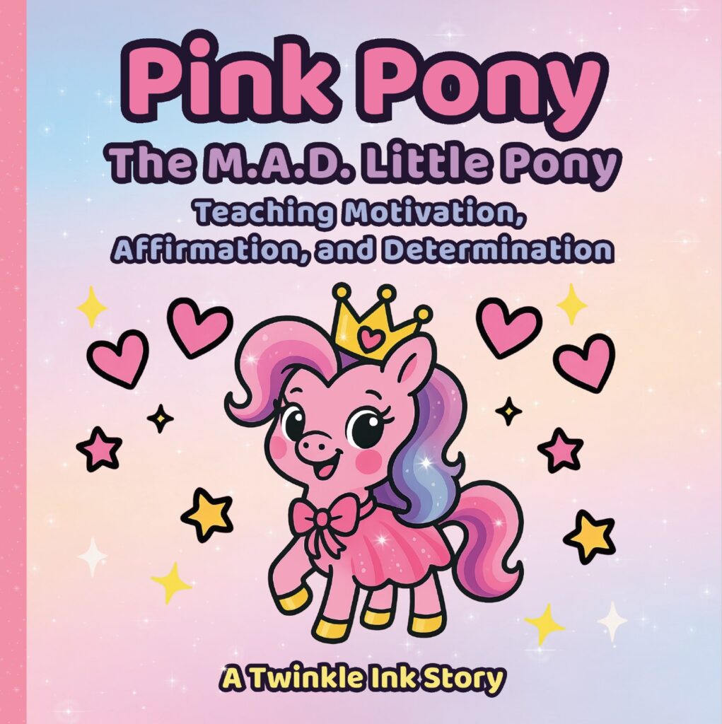 Book cover of Pink Pony: The M.A.D. Little Pony, featuring a cute pink pony with a crown on a pastel background with hearts and stars